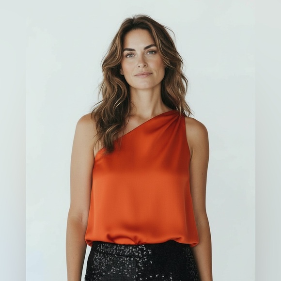 Theory One-Shoulder Silk Top in Burnt Orange – Size L - Picture 7 of 8
